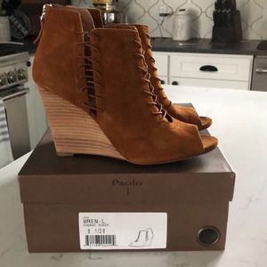 Paolo cognac suede peep toe wedge booties